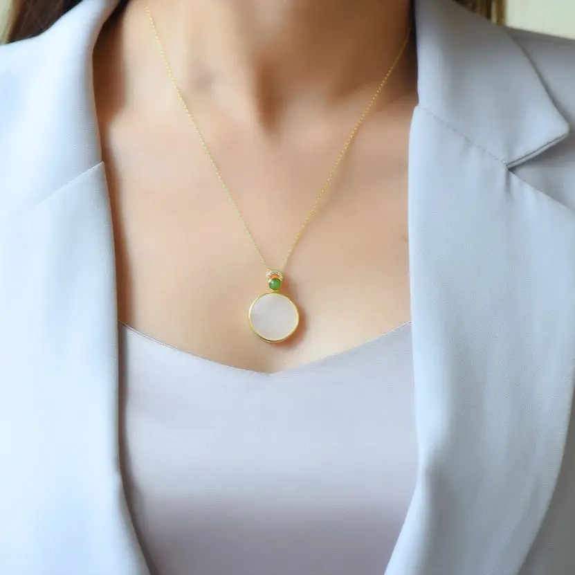 

Natural Hetian white jade Round Pendant Necklace Chinese style retro palace unique gold craft charm women's festival gift