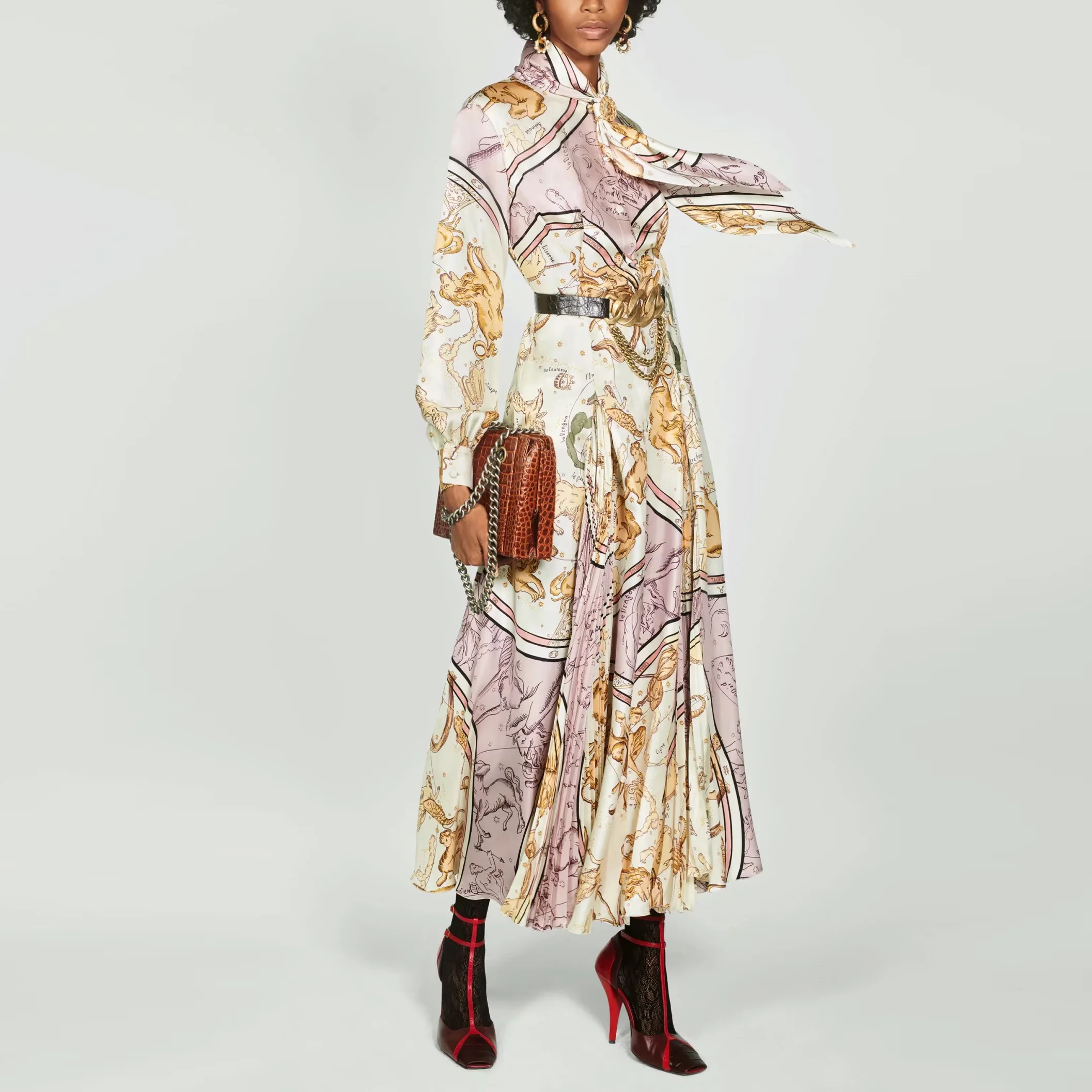 ZA Длинное Макси Платье женское винтажное элегантное с принтом длинный рукав бант