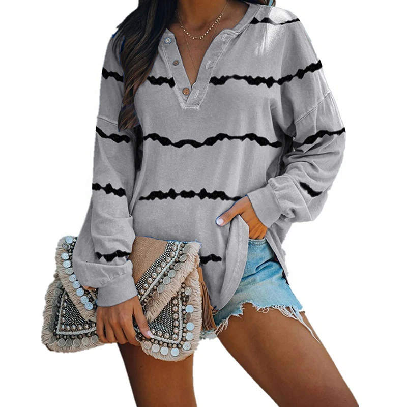 

Tie Dye Striped Oversized Long Sleeve T Shirt Women Autumn Plus Size Loose Casual Long Shirts Top Womens Split V-Neck Clothings
