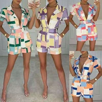female print jumpsuit short sleeve middle waist overalls v neck pockets button monos summer women casual elegant jumpsuits roper