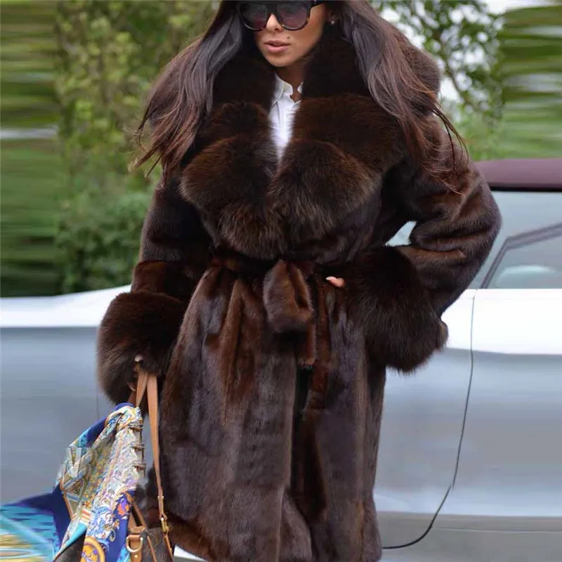 Fashion Winter Real Mink Fur Coat For Women With Big Fox Fur Lapel Collar Thick Warm Genuine Mink Fur Jacket Long With Fur Belt