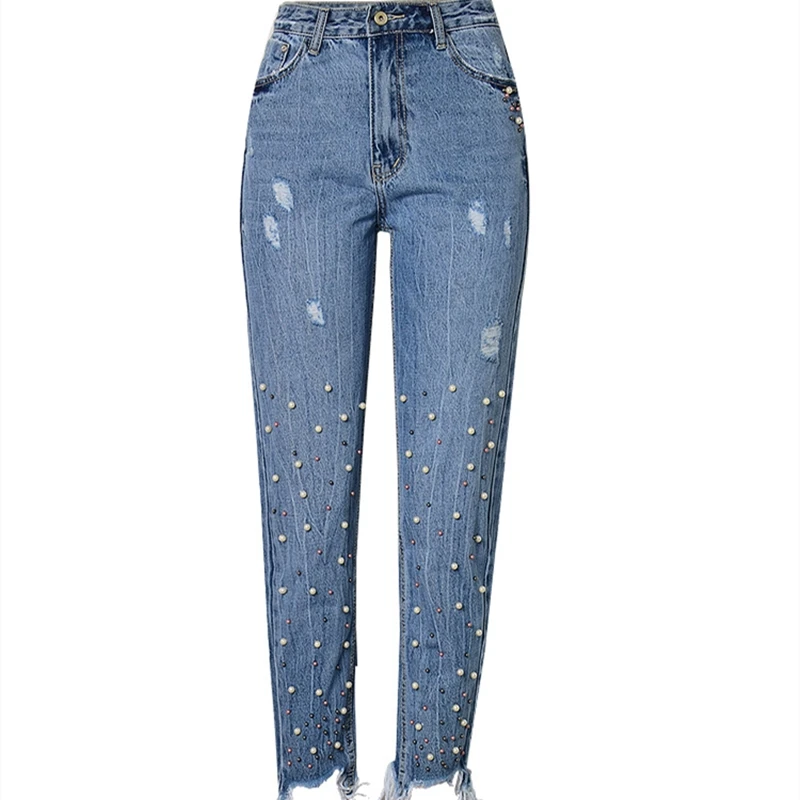 

Fashion Individuality Design Jeans Women's High Waist Slim Straight Pants with Pearl Studded Femme Irregular Foot Denim Trousers