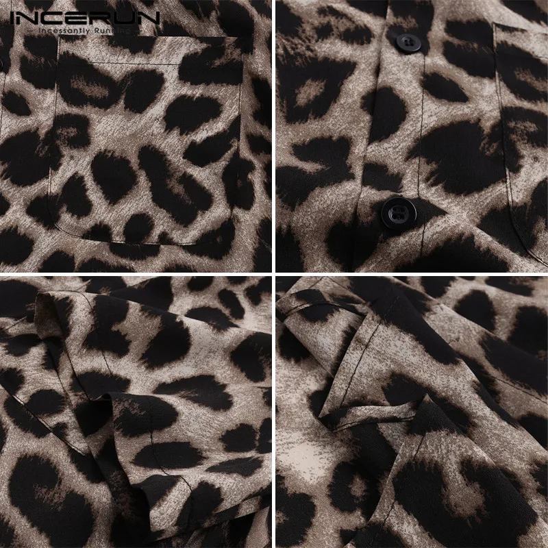 

INCERUN 2021 Summer Leopard Print Shirts Fashion Men Short Sleeve Lapel Shirt Casual Floral Blouse Men Hawaiian Beach Tops 5XL