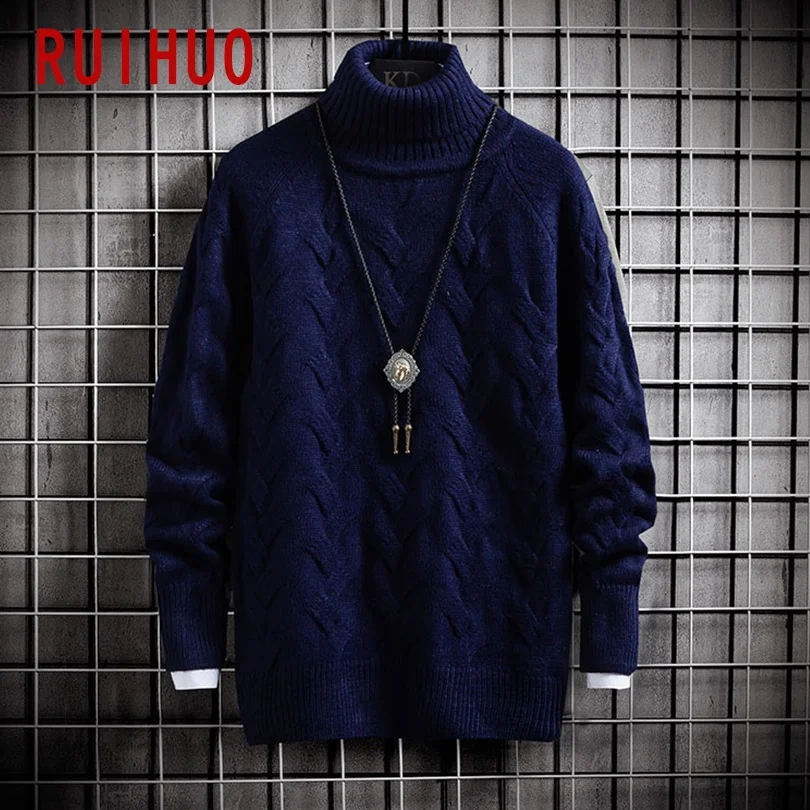 

RUIHUO Knitted Winter Turtleneck Sweater Men Clothes Turtleneck Men Sweater Fashion Turtle Neck Mens Sweaters M-2XL 2021