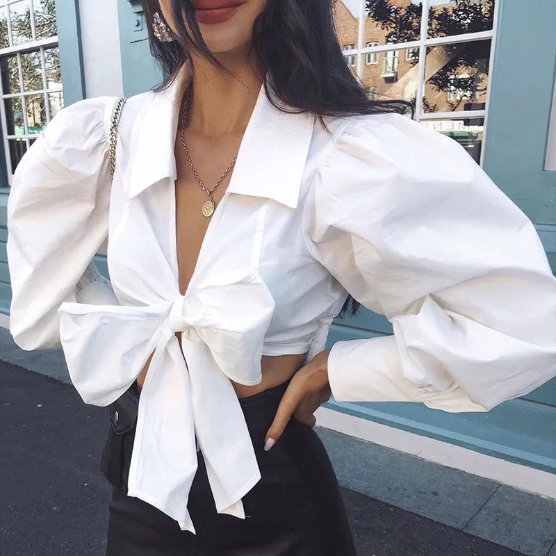 

Retro Womens Chic Long Lantern Sleeve Shirts Spring Bow White Solid Fashion Female Cotton Short Blouses and Tops Clothes Sweet