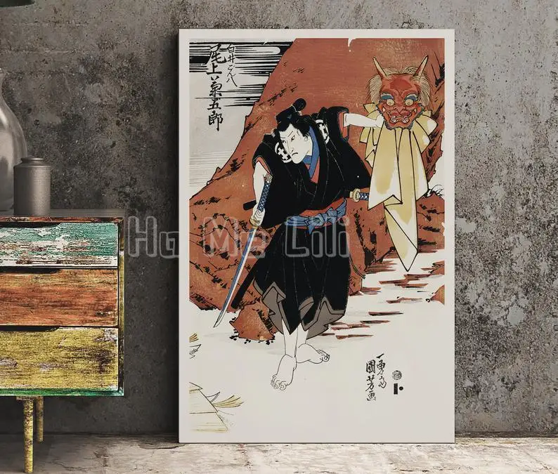 

Плакат Ukiyo E Samurai с маской демона и японской печатью без рамки