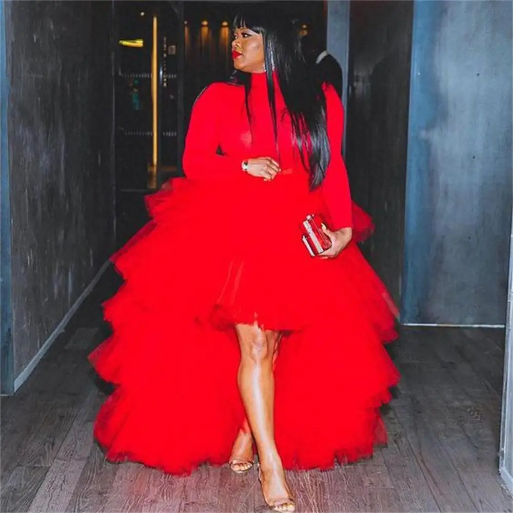 

Red Long Sleeves Prom Dresses High Neck Tiered High Low Plus Size Evening Dress Tulle African vestido de festa