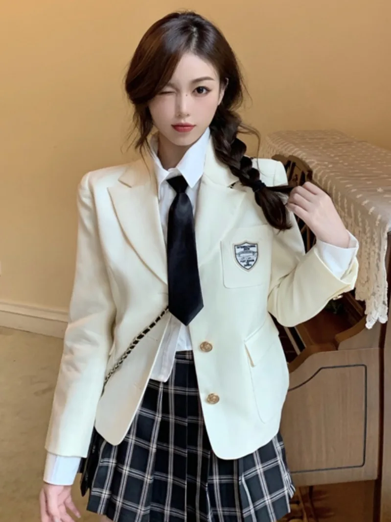 

Korean College Style Blazer Suits Jacket Female Spring Autumn 2021 New Loose Casual Fashion White Two Piece Set Women Skirt
