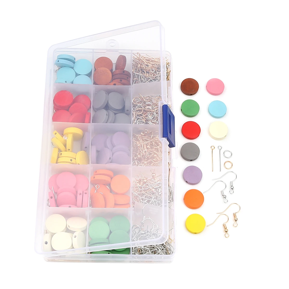 

Flat Round Wooden Beads&Alloy Circles&Nine-shaped Needle&Ear Hook Set Fixed Mixed in Transparent Rectangular Plastic Box-1 Box