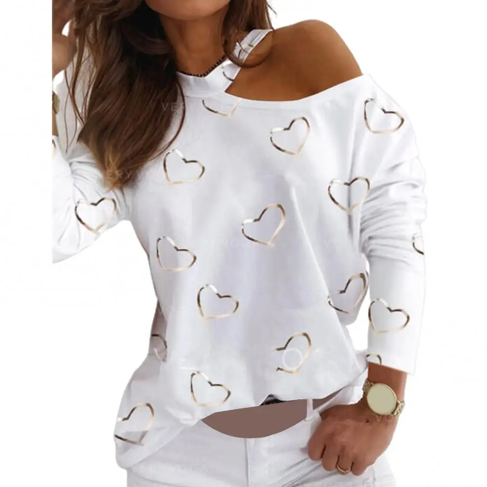 

Sexy Women Long Sleeve Hollow Out Blouse Love Heart Print One Shoulder Pullover