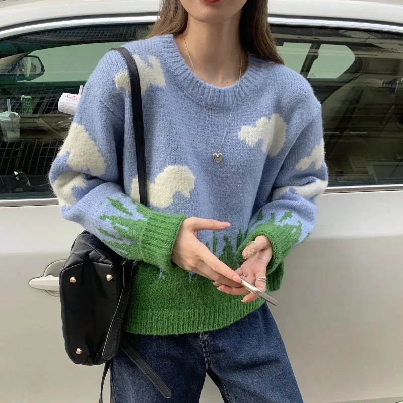 

Blue sky and white clouds sweater women's winter padded pullover outer wear sweet lazy loose o neck warm Jacquard sweater jacket