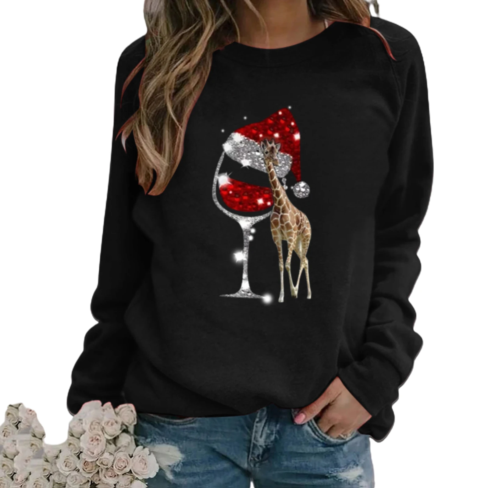 

2020 Elegant Christmas Wine Glass Printed Blouse Shirt Women O Neck Loose Tops Pullover Autumn Long Sleeve Plus Size Blouses 3XL