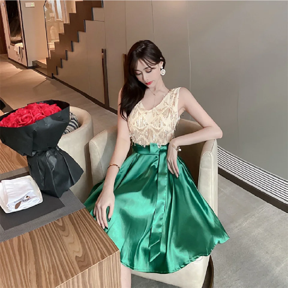 

Elegant V-Neck Tank Slim Satin Tassel Mini Dress Women Summer A-Line Dress Female Solid High Waist Party Dress Vestidos