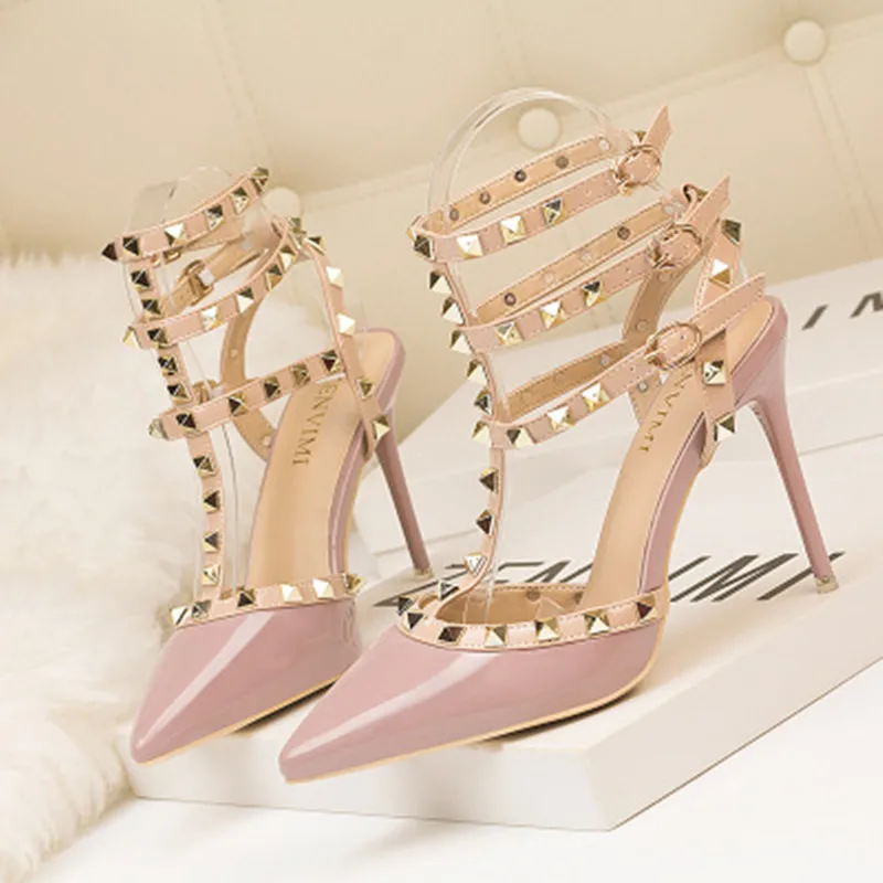 

Summer fashion sexy woman high heels sandals red wedding prom strap party shoes rivets Hollowed out stiletto pumps