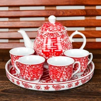 chinese wedding teapot teacup red tea pot cup bowl set ceramic teaware creative joy bride gift dowry marriage celebration