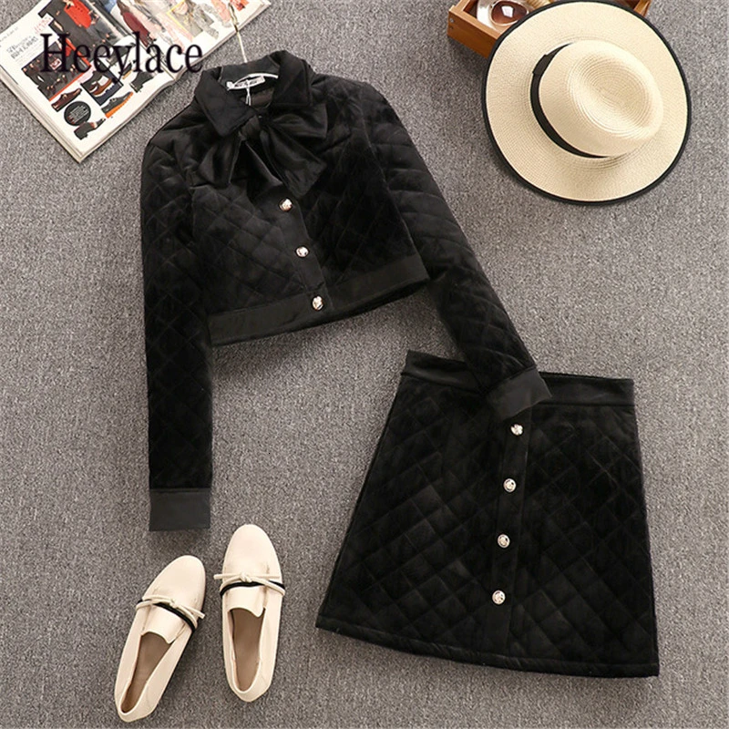 Женский бархатный костюм из двух предметов однобортный короткий топ с бантом и