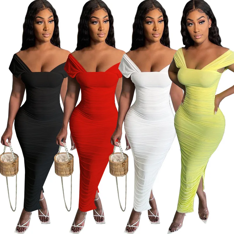 

2022 New Women Sexy Strapless Wrinkled Irregular Pleated Bodycon Long Dress