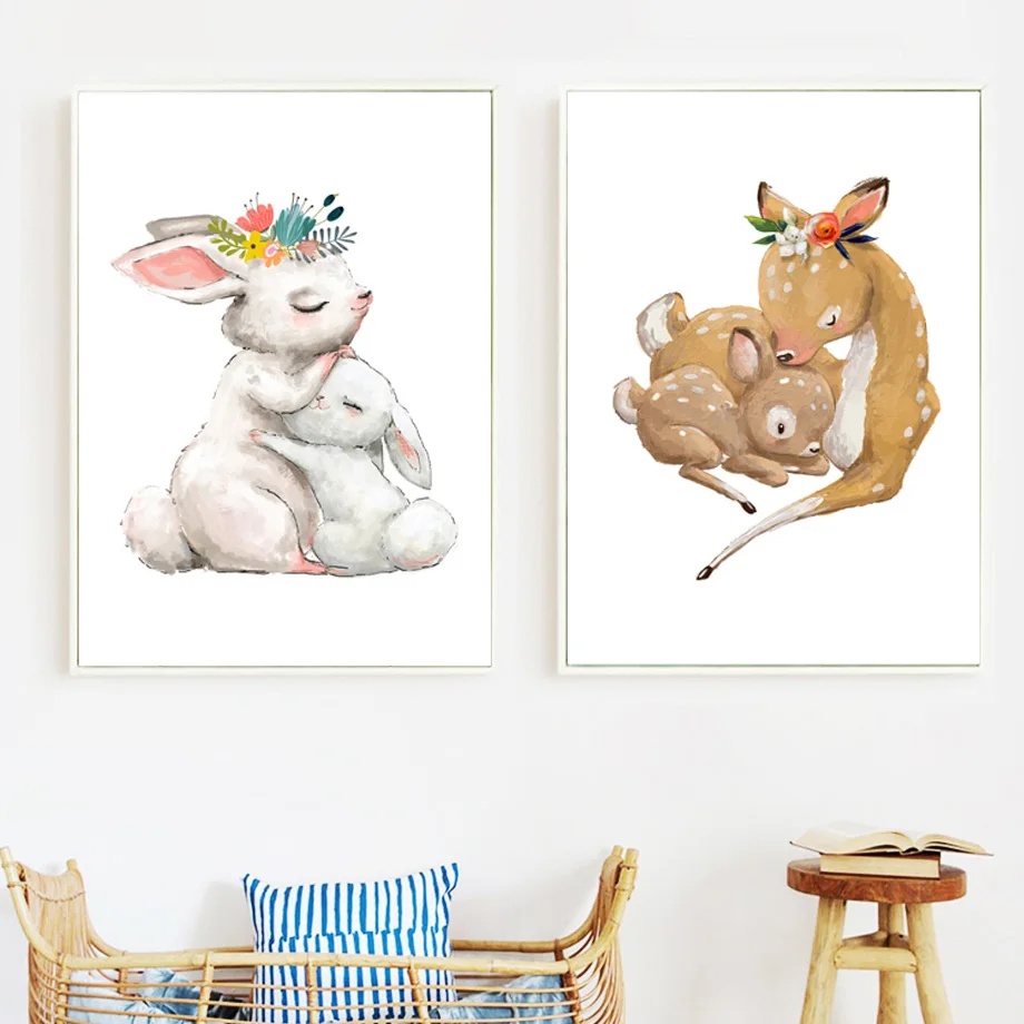 Мультфильм цветок кролик мать ребенок олень плакаты на скандинавскую тему и