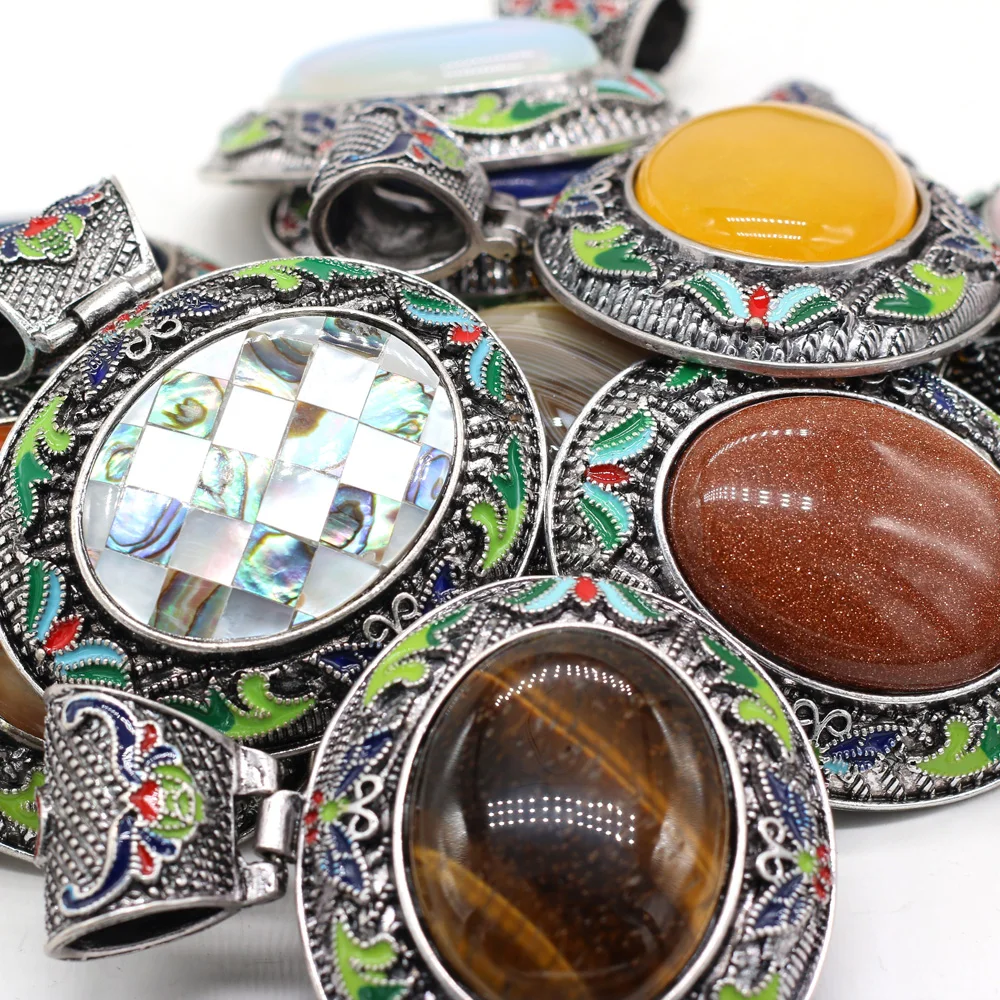 

Natural Stone Pendant Alloy Oval DIY Necklace Retro Concise Colorful Decorative Jewelry 60x70mm