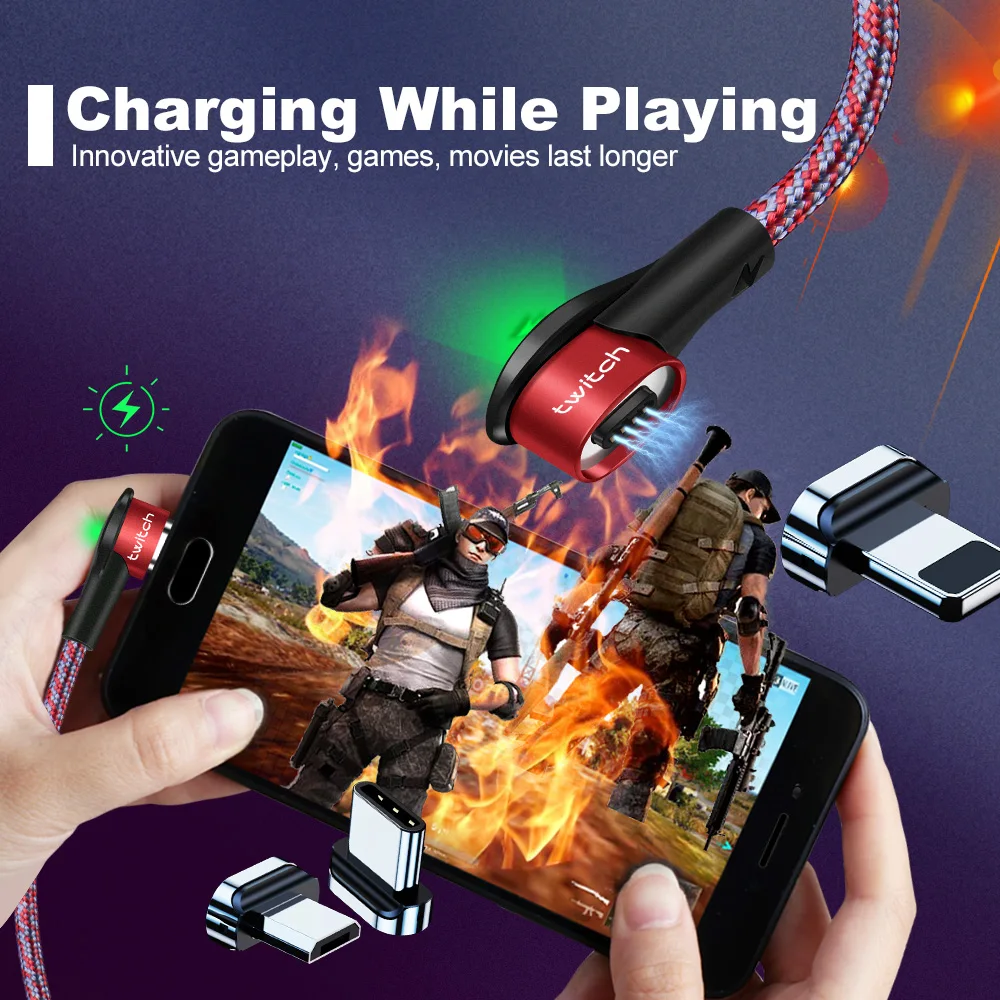 Магнитный кабель Twitch Micro USB Type-C 90 градусов для Samsung Xiaomi iphone магнитный быстрой
