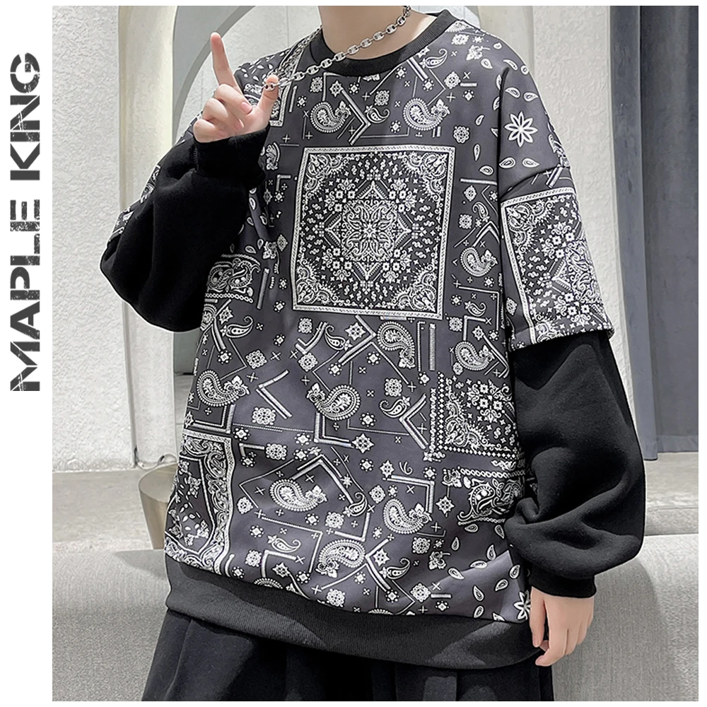

Harajuku Pullover Men Women Patchwork Vintage Korean Hoodies Sweatshirts Paisley Floral Printed Loose Oversized Streetwear M-5XL