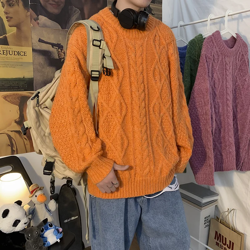 Мужские свитера, Осень-зима 2021, теплые модные мужские пуловеры, вязаные повседневные Свободные корейские трендовые уличные мужские однотон...