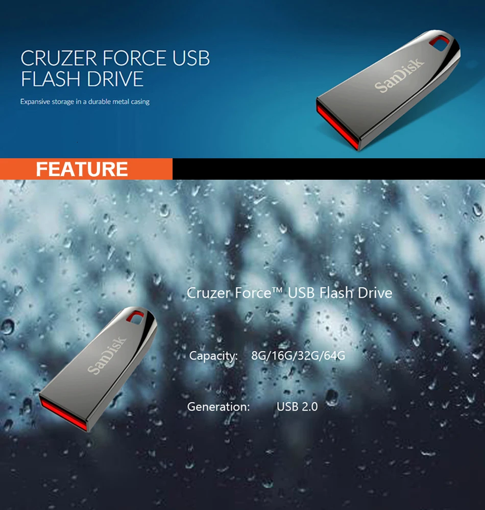 Флеш-накопитель sandisk CRUZER FORCE CZ71 USB2.0, 64 ГБ, 32 ГБ, 16 ГБ, мини-накопитель, флешки, поддержка официальной проверки