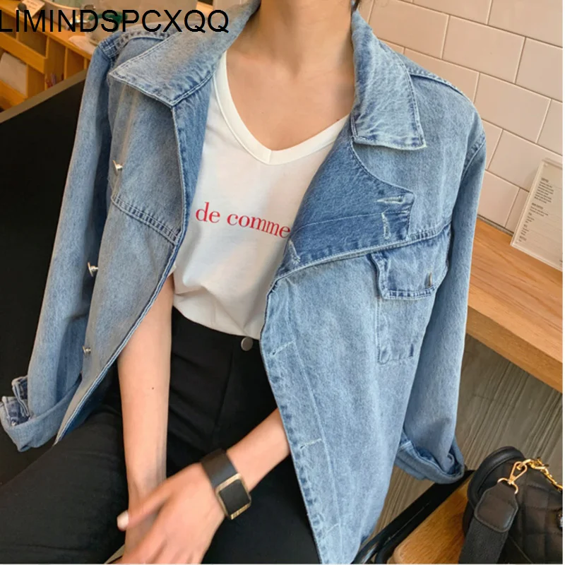 

Clothes New 2021 Retro Ladies Autumn Korean Womens Denim Jackets Fashion lapel Sashes Loose Streetwear Asymmetrical Tops Thin
