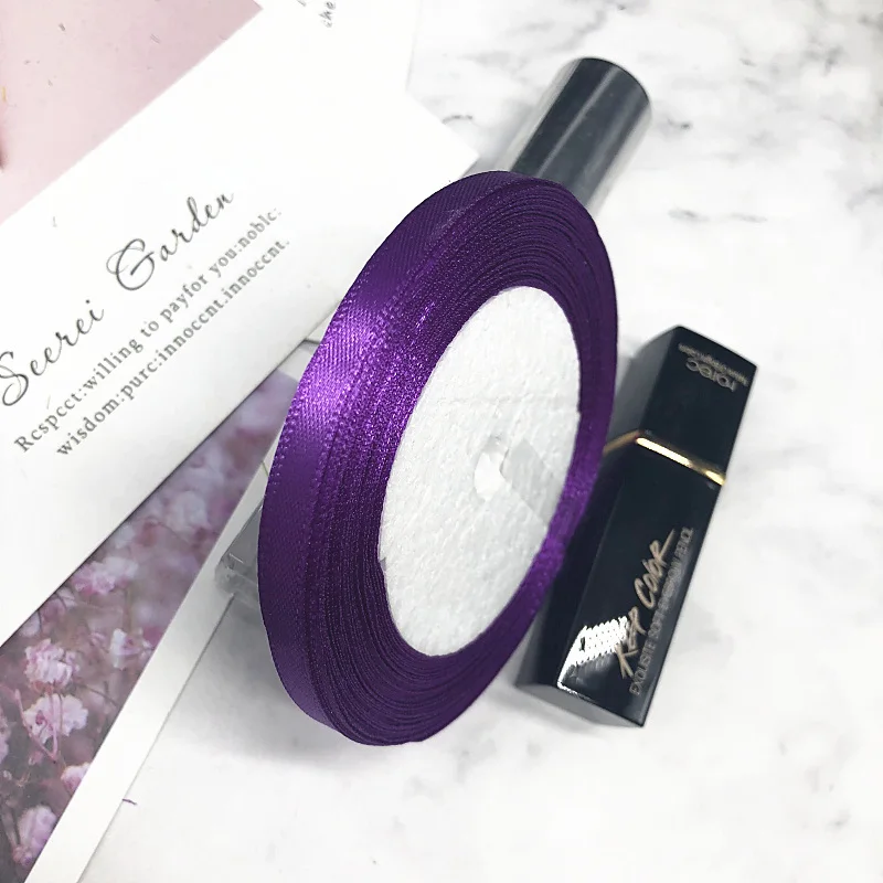Dark purple HINDJEF 6 мм 25 ярдов Розовый Шелковый Атласный органза полиэстер лента для шитья Свадебная вечеринка ручной работы украшения тесьма подарочная упаковка - Цвет: Dark purple