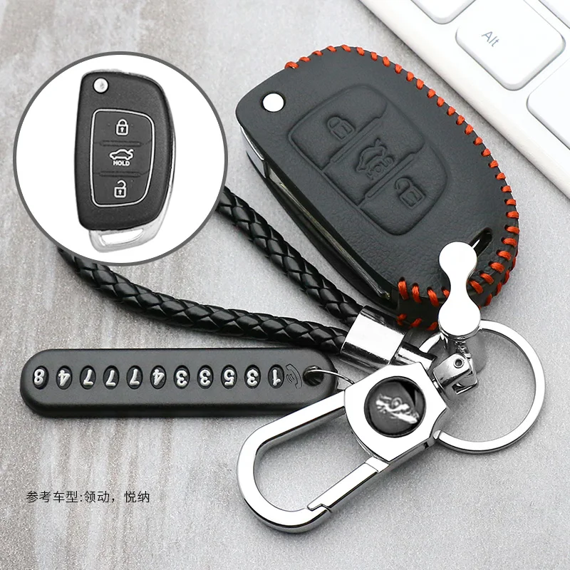 

leather car key fob cover case skin set fit Hyundai ix35 solaris tucson 2016 accent santa fe smart remote accessories