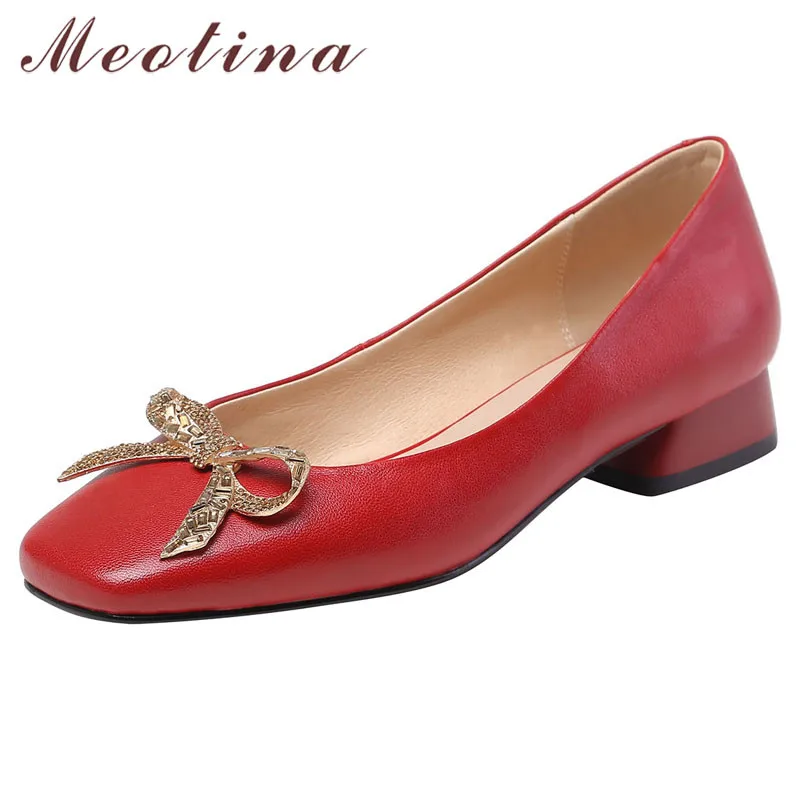 

Туфли Meotina женские на низком каблуке, натуральная кожа, овечья кожа, квадратный носок, Хрустальный бант, Классическая весенняя обувь