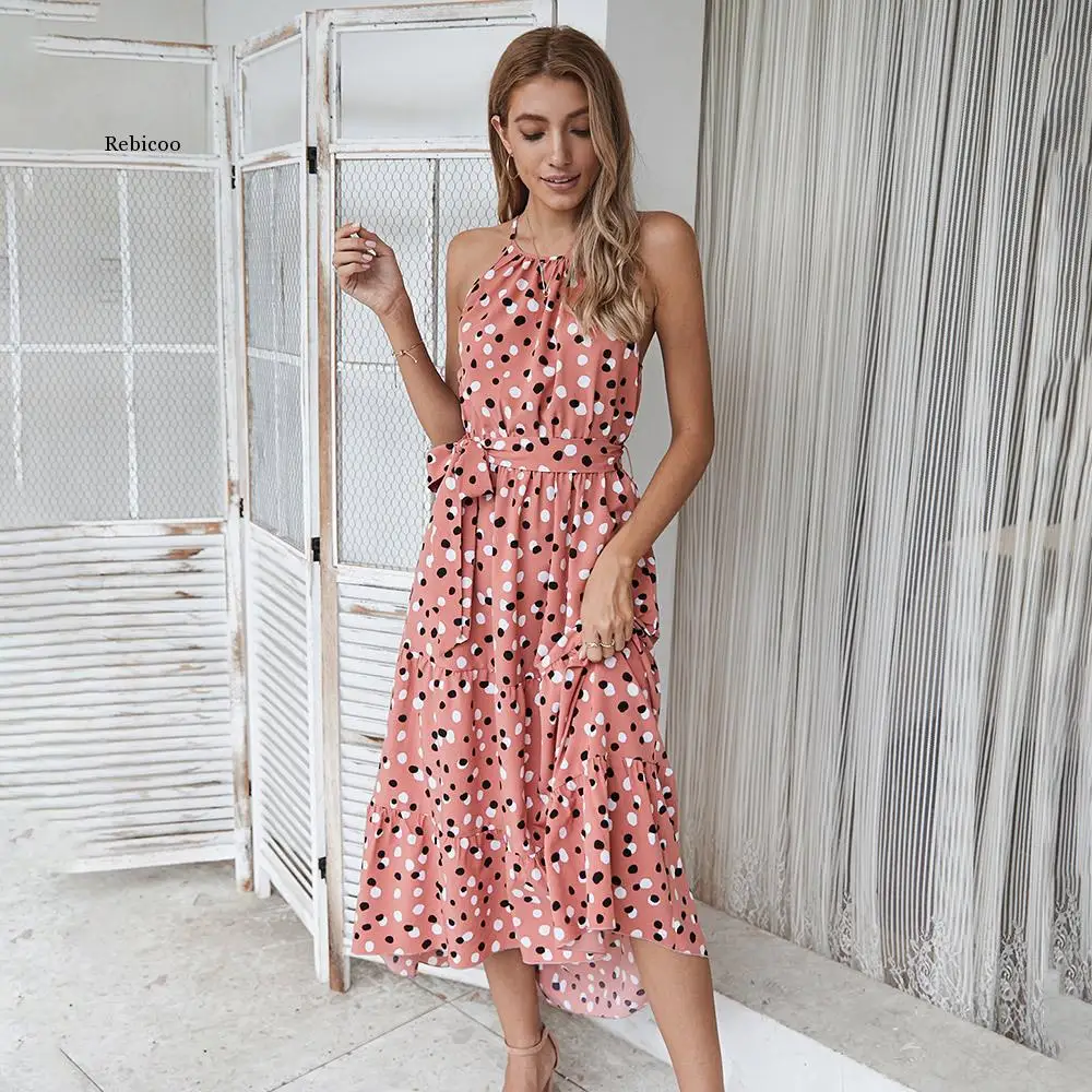 

Summer Sexy Long Dress Women Fashion Print Flowers Polka-Dot Strap Ladies Halter Boho Beach Dress Female Vestidos Clothes