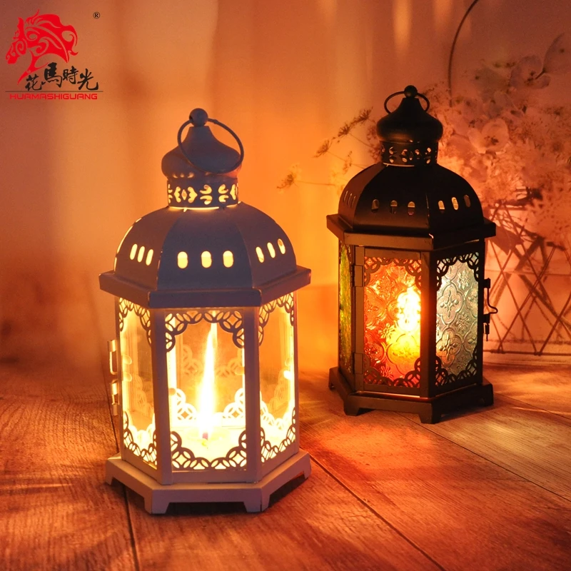 

European-Style Moroccan Wrought Iron Glass Candleholder Storm Lantern Mediterranean Simple Home Decor Candlestick Candelabra