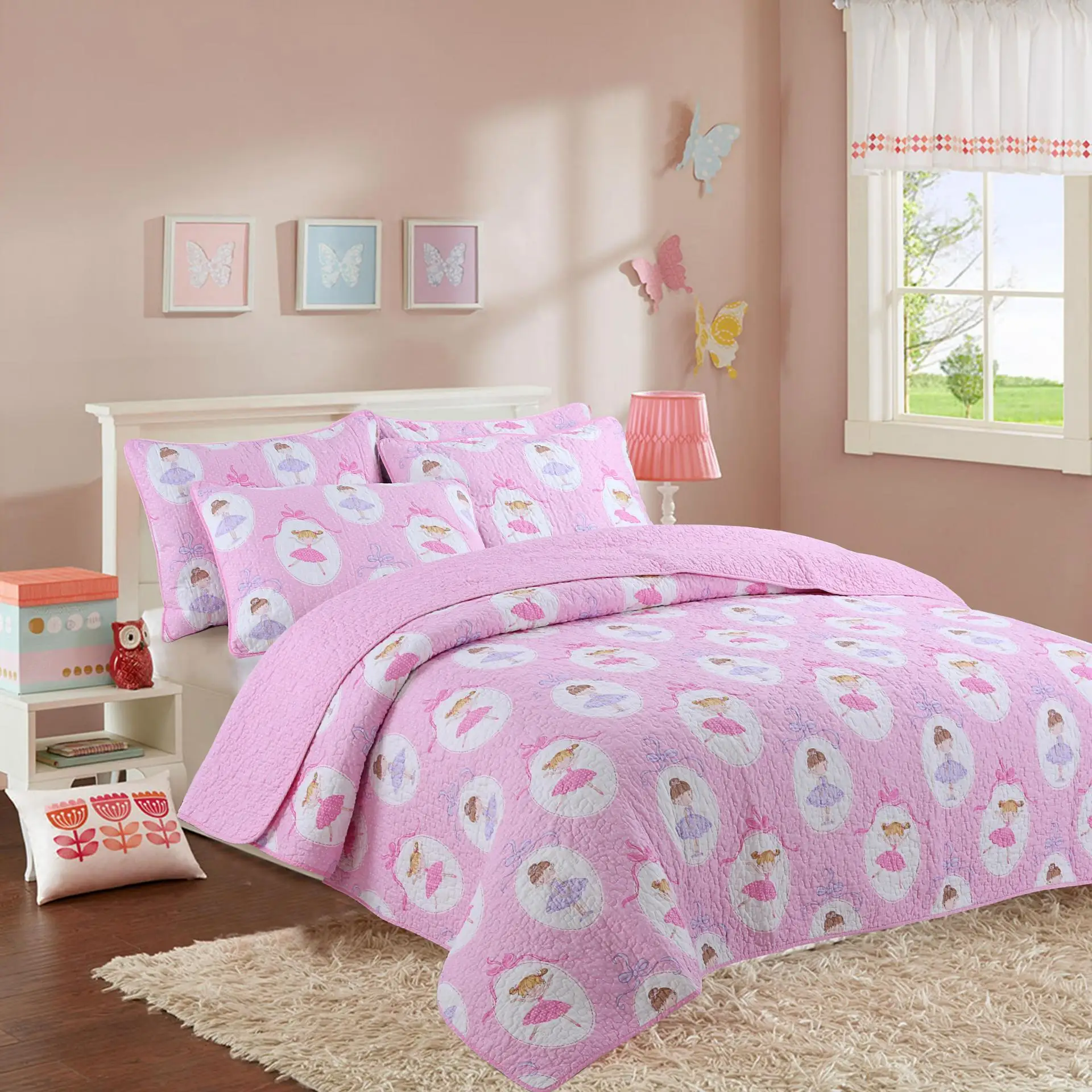 

2/3 Piece 100%Cotton Pink Kids Girls Bedspread Quilts Set Throw Blanket for Teens Girls Bed Printed Coverlet, Twin Full Size