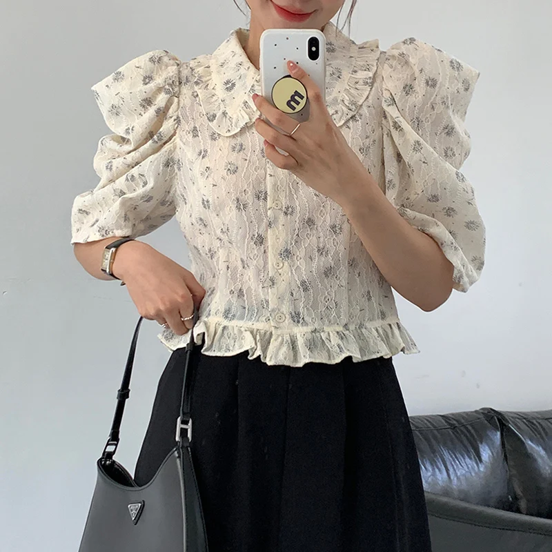 

Korean Floral Short Shirt Ruffle Peter Pan Collar Women Blouses Chic Puff Sleeve 2021 New Blusas Camisas De Mujer