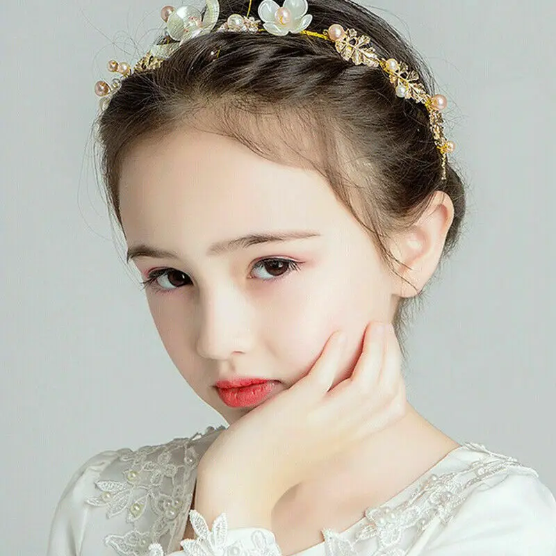 Gold Rhinestone Flower KIds Girl Tiara Crown Headband Headpiece Wedding Party Headwear | Детская одежда и обувь