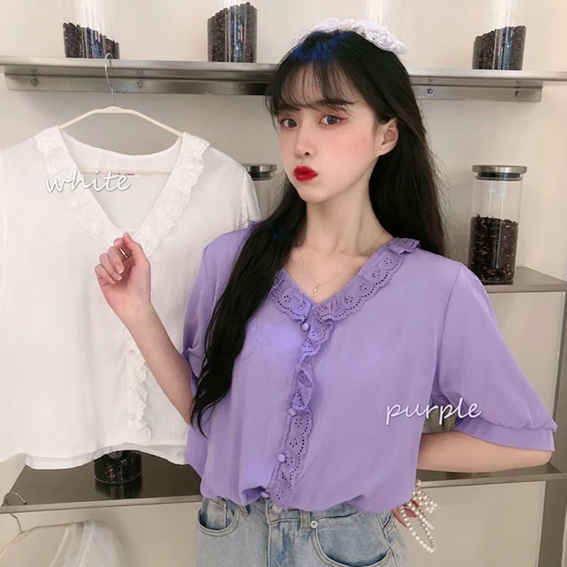 

V-neck Ladies Tops Lace Up Ruffles Blouses Loose V-neck Shirts Fashion Brand Women's Clothing New Korean Summer Preppy Style