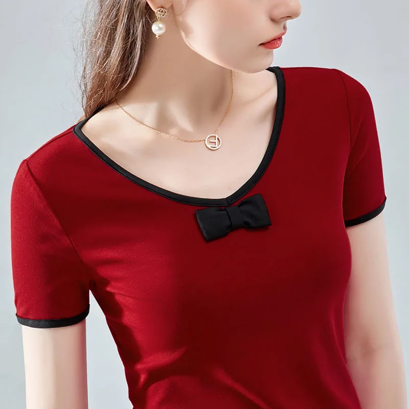 

Short sleeve t-shirt female summer new French color contrast sweet age reducing bow top female