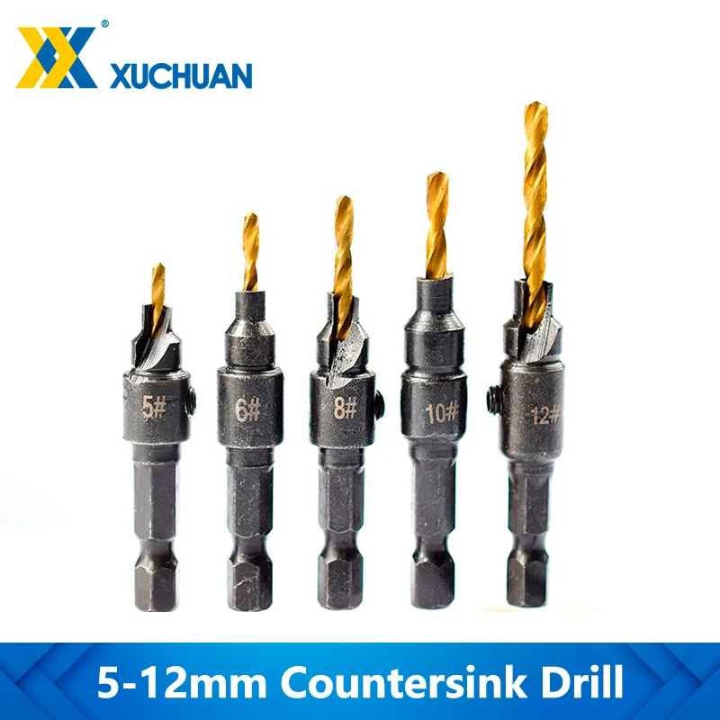 HSS Countersink Drill Bit Set Hole Cutter 5pc With Wrench TiN Coating Wood Drill Bits For Woodworking Tools Hex Shank Drill Bit