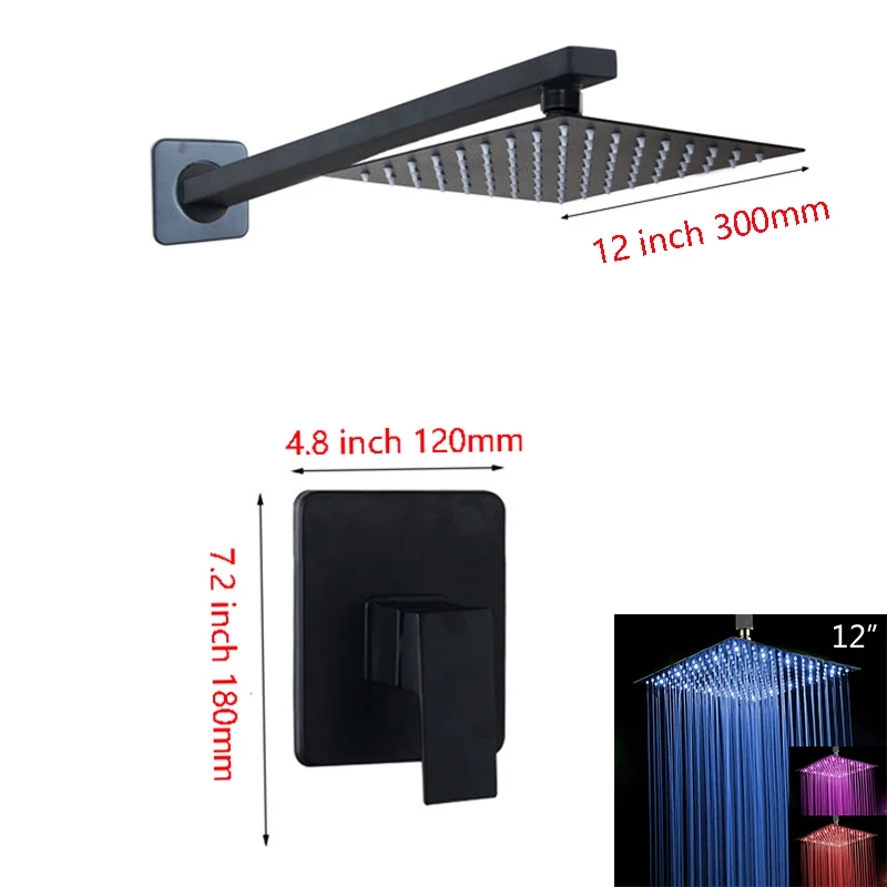 LED 12 Inch Shower JIENI светодиодный 8 12 16 дюймов черный Рисунок настенное крепление из меди дождевой воды Ванная комната ультратонкая квадратная душевая головка ручная насадка для душа кран - Цвет: LED 12 Inch Shower