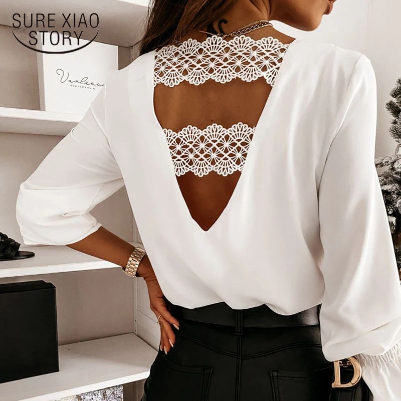

Hollow Lace Stitching Shirt Fashion Sexy Spring and Autumn Long-sleeve Shirt V-neck Back Korean Office White Blouse Chic 12460
