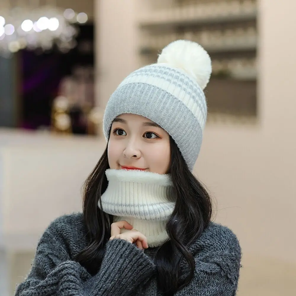 

New Brand Winter Hats Women Thick Warm Knit Beanies Hat Scarf Sets Girl Sweet Cute Windproof Cycling Wool Knitting Caps Ski Cap