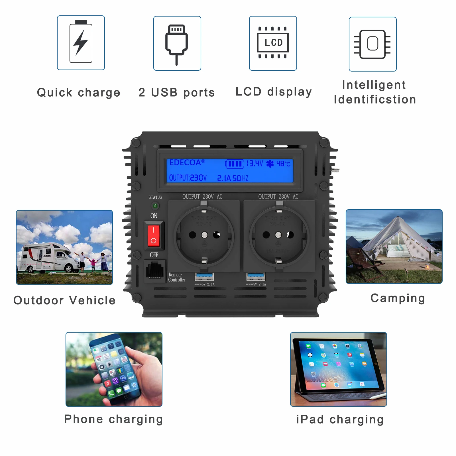 Edecoa 2000W 4000 Вт Модифицированная синусоида преобразователь постоянного тока 12v 24v к