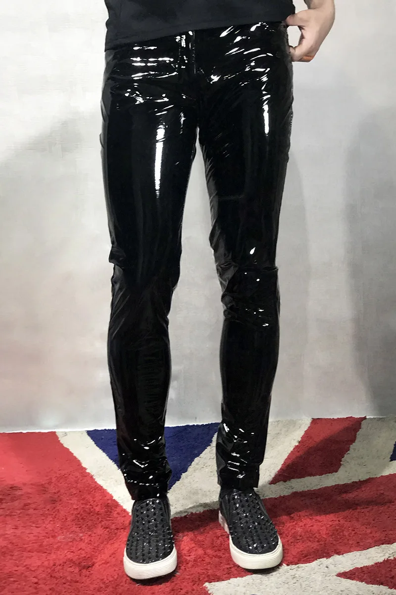 

M-3XL !Cool models mirror black PU skinny leather pants spring and autumn thin sexy nightclub men's ds costumes.