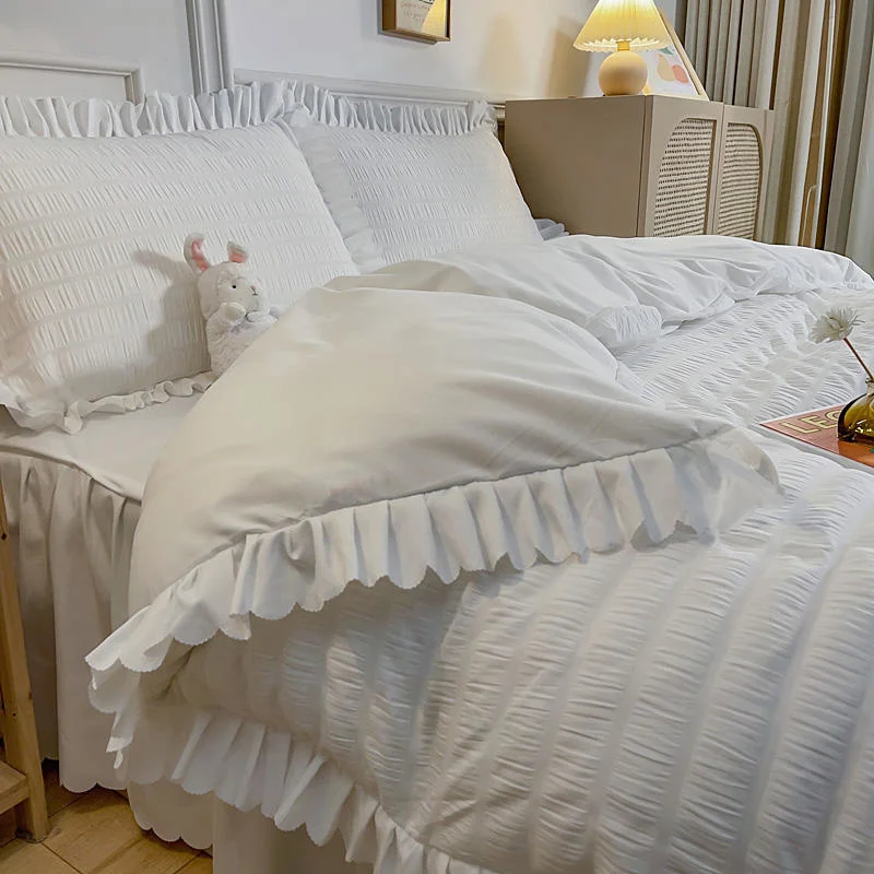 

Seersucker Duvet Cover Set With Ruffle Queen White Color Double Bed Sheet Sets Housse De Couette Bedding Set Single Bed