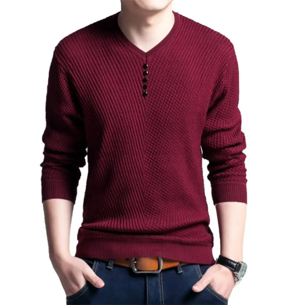 

Casual Men Autumn Knitted Top Long Sleeve V Neck Solid Color Buttons Pullover Blouse Top Winter Thick Sweater Knitted Pullover