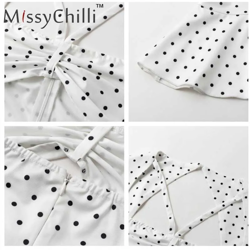 Женское трикотажное платье в горошек MissyChilli Белое Облегающее с оборками и