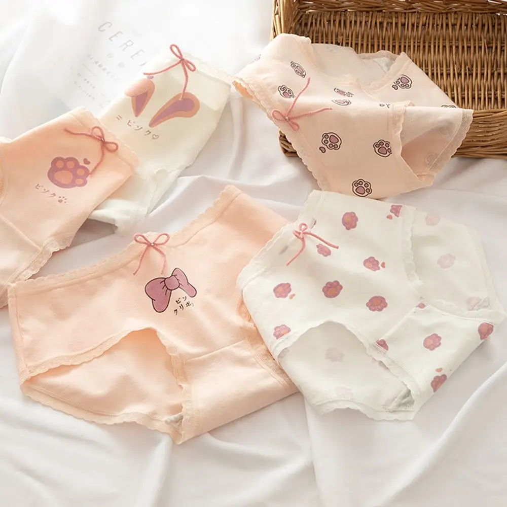 

Симпатичные хлопковые трусики со средней талией и принтом кошачьих когтей с бантом, кружевные мягкие дышащие трусики с боковой промежность...