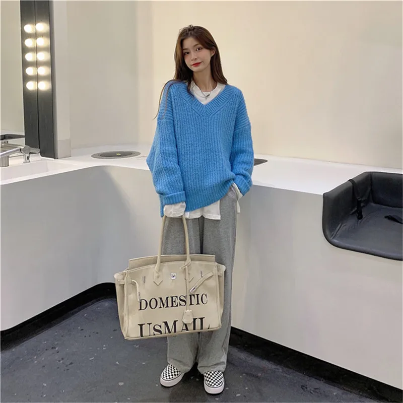 

Pink Women's Sweater Japanese Loose Lazy sweet Sweater 2020 Autumn Oversize Knitted Top fashion V neck loose casual pullover