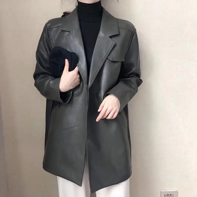 

HStar 2020 Women Spring Solid Chic Leather Jacket Lady Notch Collar Sashes Blazer Female Casual belt Outerwear Tops